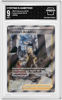 Cynthia's Ambition from the 2023 Pokemon SWSH set graded by Arena Club and given an overall grade of 9.