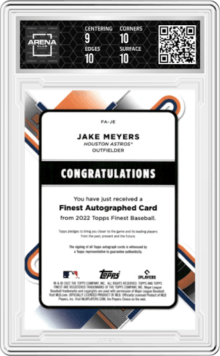 Jake Meyers from the 2022 Topps Finest set featuring a Gold Refractor parallel graded by Arena Club and given an overall grade of 9.5.