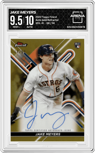 Jake Meyers from the 2022 Topps Finest set featuring a Gold Refractor parallel graded by Arena Club and given an overall grade of 9.5.