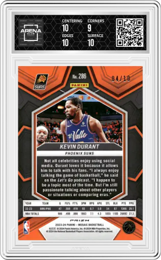 Kevin Durant from the 2023-24 Panini Mosaic set featuring a Gold International parallel graded by Arena Club and given an overall grade of 9.5.