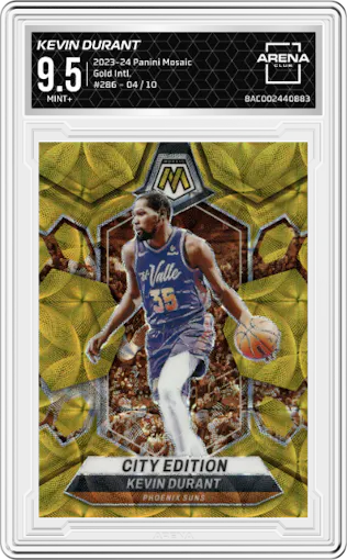 Kevin Durant from the 2023-24 Panini Mosaic set featuring a Gold International parallel graded by Arena Club and given an overall grade of 9.5.