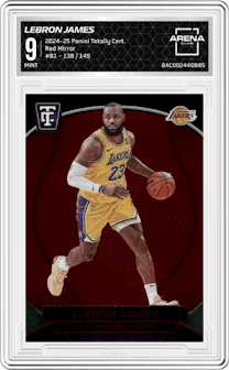 LeBron James from the 2024-25 Panini Totally Certified set featuring a Red Mirror parallel graded by Arena Club and given an overall grade of 9.