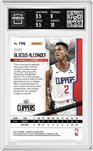 Shai Gilgeous-Alexander from the 2018-19 Panini Chronicles set featuring a Pink parallel graded by Arena Club and given an overall grade of 9.5.