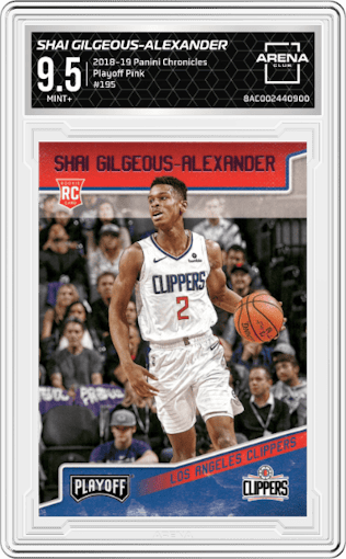 Shai Gilgeous-Alexander from the 2018-19 Panini Chronicles set featuring a Pink parallel graded by Arena Club and given an overall grade of 9.5.