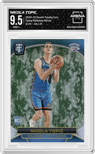 Nikola Topic from the 2024-25 Panini Totally Certified set featuring a Camo Platinum Mirror parallel graded by Arena Club and given an overall grade of 9.5.