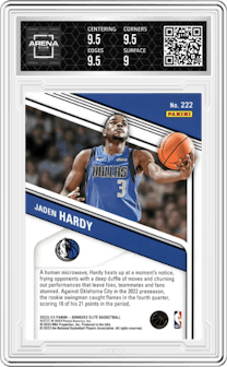 Jaden Hardy from the 2022-23 Donruss Elite set featuring a Pink FOTL parallel graded by Arena Club and given an overall grade of 9.5.