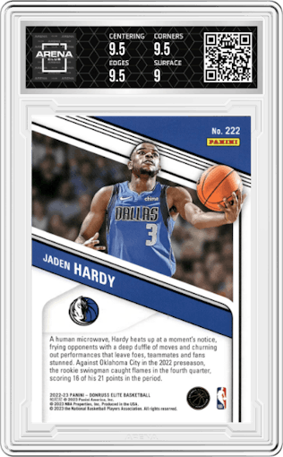Jaden Hardy from the 2022-23 Donruss Elite set featuring a Pink FOTL parallel graded by Arena Club and given an overall grade of 9.5.