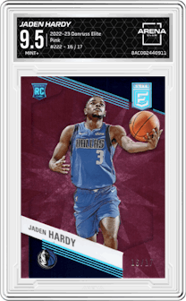 Jaden Hardy from the 2022-23 Donruss Elite set featuring a Pink FOTL parallel graded by Arena Club and given an overall grade of 9.5.