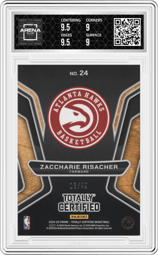 Zaccharie Risacher from the 2024-25 Panini Totally Certified set featuring a Blue Mirror parallel graded by Arena Club and given an overall grade of 9.5.