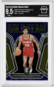 Zaccharie Risacher from the 2024-25 Panini Totally Certified set featuring a Blue Mirror parallel graded by Arena Club and given an overall grade of 9.5.