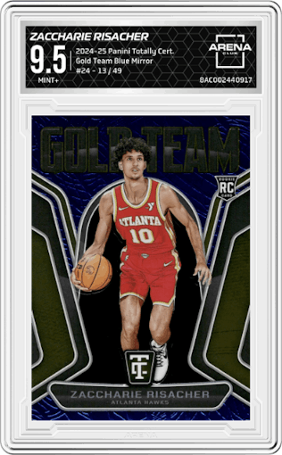 Zaccharie Risacher from the 2024-25 Panini Totally Certified set featuring a Blue Mirror parallel graded by Arena Club and given an overall grade of 9.5.