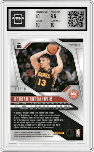 Bogdan Bogdanovic from the 2024-25 Panini Prizm set featuring a Gold Shimmer Prizms FOTL parallel graded by Arena Club and given an overall grade of 10.