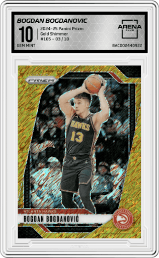Bogdan Bogdanovic from the 2024-25 Panini Prizm set featuring a Gold Shimmer Prizms FOTL parallel graded by Arena Club and given an overall grade of 10.
