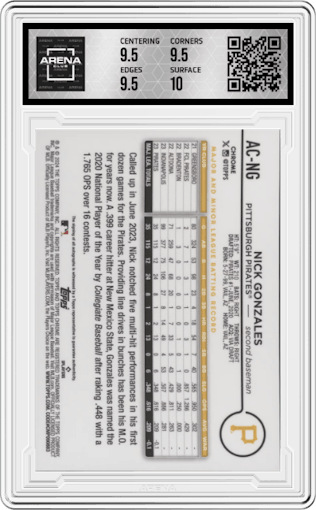 Nick Gonzales  from the 2024 Topps Chrome Update set featuring a Blue Refractor parallel graded by Arena Club and given an overall grade of 10.