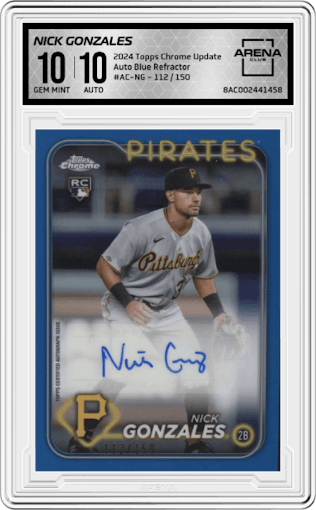 Nick Gonzales  from the 2024 Topps Chrome Update set featuring a Blue Refractor parallel graded by Arena Club and given an overall grade of 10.