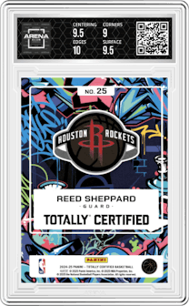 Reed Sheppard from the 2024-25 Panini Totally Certified set featuring a Camo Platinum Mirror parallel graded by Arena Club and given an overall grade of 9.5.