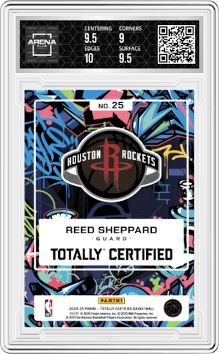 Reed Sheppard from the 2024-25 Panini Totally Certified set featuring a Camo Platinum Mirror parallel graded by Arena Club and given an overall grade of 9.5.