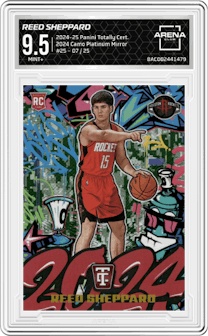 Reed Sheppard from the 2024-25 Panini Totally Certified set featuring a Camo Platinum Mirror parallel graded by Arena Club and given an overall grade of 9.5.