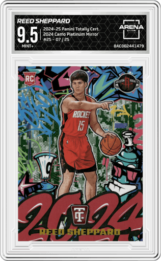 Reed Sheppard from the 2024-25 Panini Totally Certified set featuring a Camo Platinum Mirror parallel graded by Arena Club and given an overall grade of 9.5.