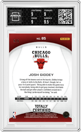 Josh Giddey from the 2024-25 Panini Totally Certified set featuring a Green Platinum Mirror parallel graded by Arena Club and given an overall grade of 9.