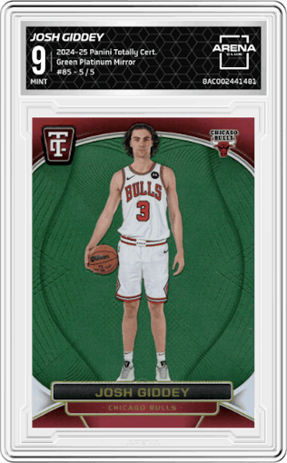 Josh Giddey from the 2024-25 Panini Totally Certified set featuring a Green Platinum Mirror parallel graded by Arena Club and given an overall grade of 9.