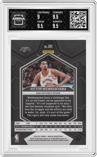 Victor Wembanyama from the 2023-24 Panini Mosaic set graded by Arena Club and given an overall grade of 9.5.
