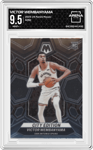 Victor Wembanyama from the 2023-24 Panini Mosaic set graded by Arena Club and given an overall grade of 9.5.