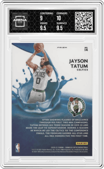 Jayson Tatum from the 2020-21 Panini Donruss Optic set featuring a Holo parallel graded by Arena Club and given an overall grade of 9.5.