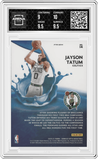 Jayson Tatum from the 2020-21 Panini Donruss Optic set featuring a Holo parallel graded by Arena Club and given an overall grade of 9.5.