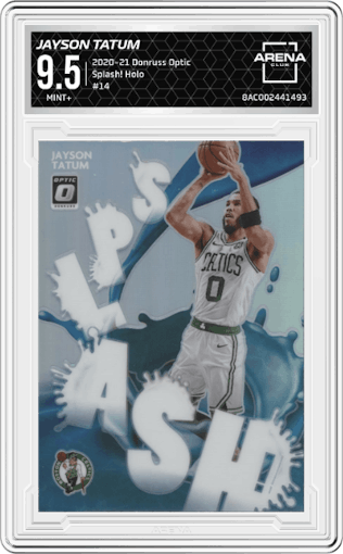 Jayson Tatum from the 2020-21 Panini Donruss Optic set featuring a Holo parallel graded by Arena Club and given an overall grade of 9.5.