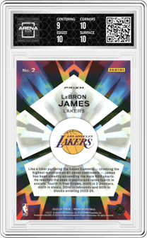 LeBron James from the 2023-24 Panini Prizm set featuring a Fast Break parallel graded by Arena Club and given an overall grade of 9.5.