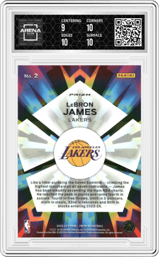LeBron James from the 2023-24 Panini Prizm set featuring a Fast Break parallel graded by Arena Club and given an overall grade of 9.5.