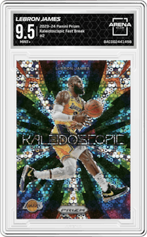 LeBron James from the 2023-24 Panini Prizm set featuring a Fast Break parallel graded by Arena Club and given an overall grade of 9.5.