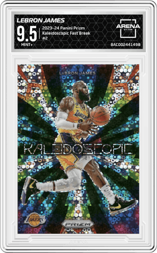LeBron James from the 2023-24 Panini Prizm set featuring a Fast Break parallel graded by Arena Club and given an overall grade of 9.5.