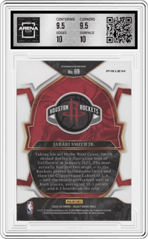 Jabari Smith Jr. from the 2022-23 Panini Select set featuring a Red Wave parallel graded by Arena Club and given an overall grade of 10.