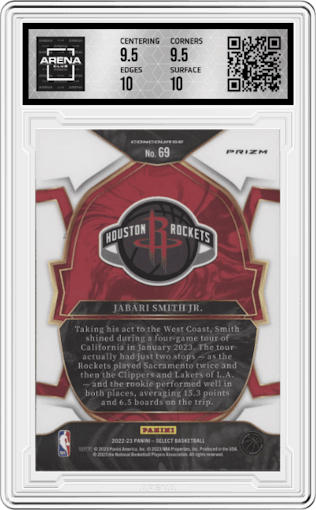 Jabari Smith Jr. from the 2022-23 Panini Select set featuring a Red Wave parallel graded by Arena Club and given an overall grade of 10.