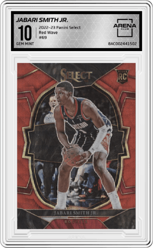 Jabari Smith Jr. from the 2022-23 Panini Select set featuring a Red Wave parallel graded by Arena Club and given an overall grade of 10.