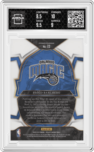 Paolo Banchero from the 2022-23 Panini Select set graded by Arena Club and given an overall grade of 9.
