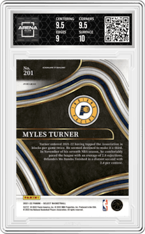 Myles Turner from the 2021-22 Panini Select set featuring a Gold Wave parallel graded by Arena Club and given an overall grade of 9.5.