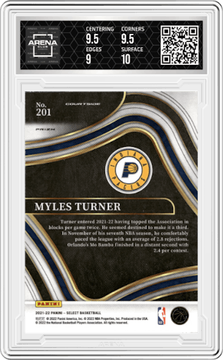 Myles Turner from the 2021-22 Panini Select set featuring a Gold Wave parallel graded by Arena Club and given an overall grade of 9.5.