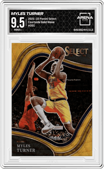 Myles Turner from the 2021-22 Panini Select set featuring a Gold Wave parallel graded by Arena Club and given an overall grade of 9.5.