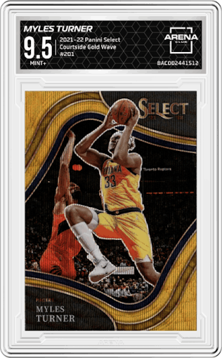 Myles Turner from the 2021-22 Panini Select set featuring a Gold Wave parallel graded by Arena Club and given an overall grade of 9.5.