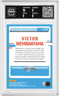 Victor Wembanyama from the 2023-24 Panini Donruss set graded by Arena Club and given an overall grade of 8.5.