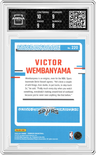 Victor Wembanyama from the 2023-24 Panini Donruss set graded by Arena Club and given an overall grade of 8.5.