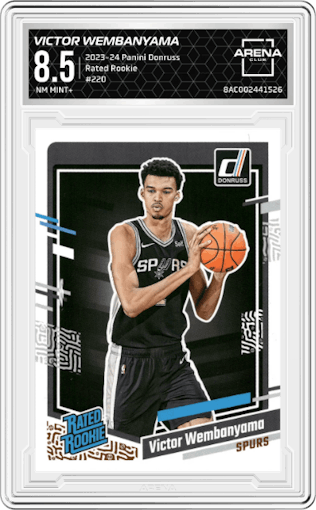 Victor Wembanyama from the 2023-24 Panini Donruss set graded by Arena Club and given an overall grade of 8.5.