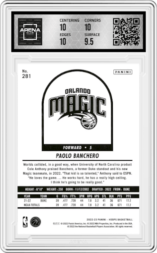 Paolo Banchero from the 2022-23 Panini NBA Hoops set graded by Arena Club and given an overall grade of 10.