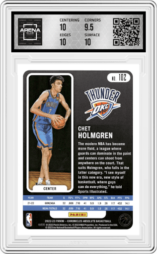 Chet Holmgren from the 2022-23 Panini Chronicles  set featuring a Teal parallel graded by Arena Club and given an overall grade of 10.
