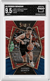 Alperen Sengun from the 2021-22 Panini Select set featuring a Tri-Color parallel graded by Arena Club and given an overall grade of 9.5.