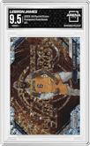 LeBron James from the 2023-24 Panini Prizm set featuring a Fast Break parallel graded by Arena Club and given an overall grade of 9.5.