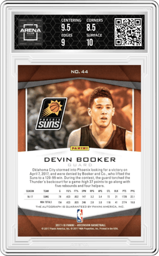Devin Booker from the 2017-18 Panini Ascension set graded by Arena Club and given an overall grade of 9.